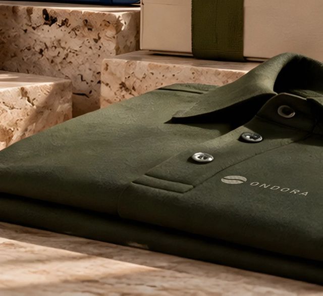 Camisa polo verde-oliva de uniforme com o logotipo da marca Ondora bordado em creme no peito. Mockup ilustrativo com marca fictícia.