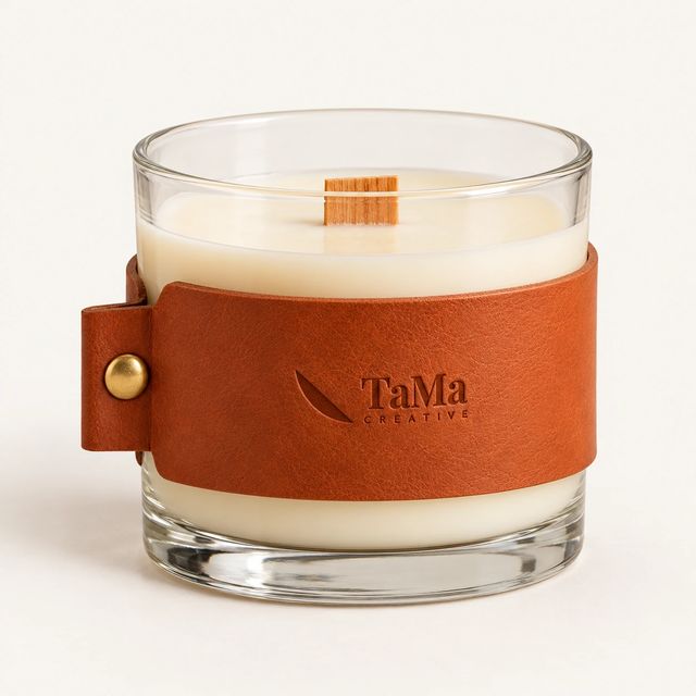 Vela em vidro com cinta de couro caramelo e a marca TaMa.